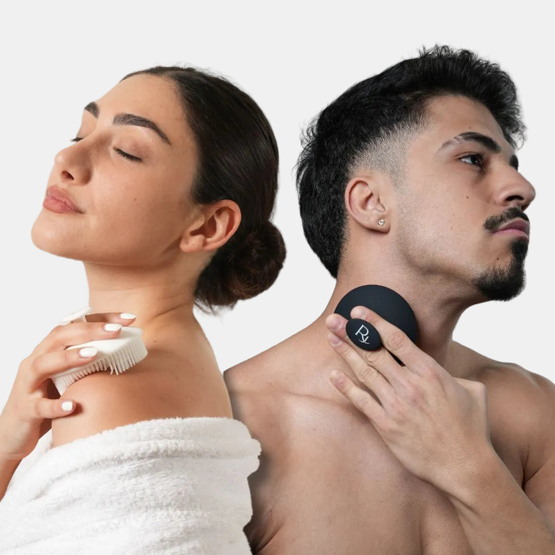 Male and Female models using Black and White Raqiia Body Scrubbers