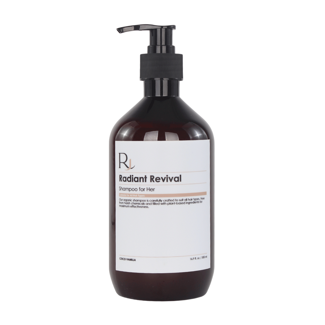 Bottle of front of Raqiia Radiant Revival shampoo for her with pump on a white background