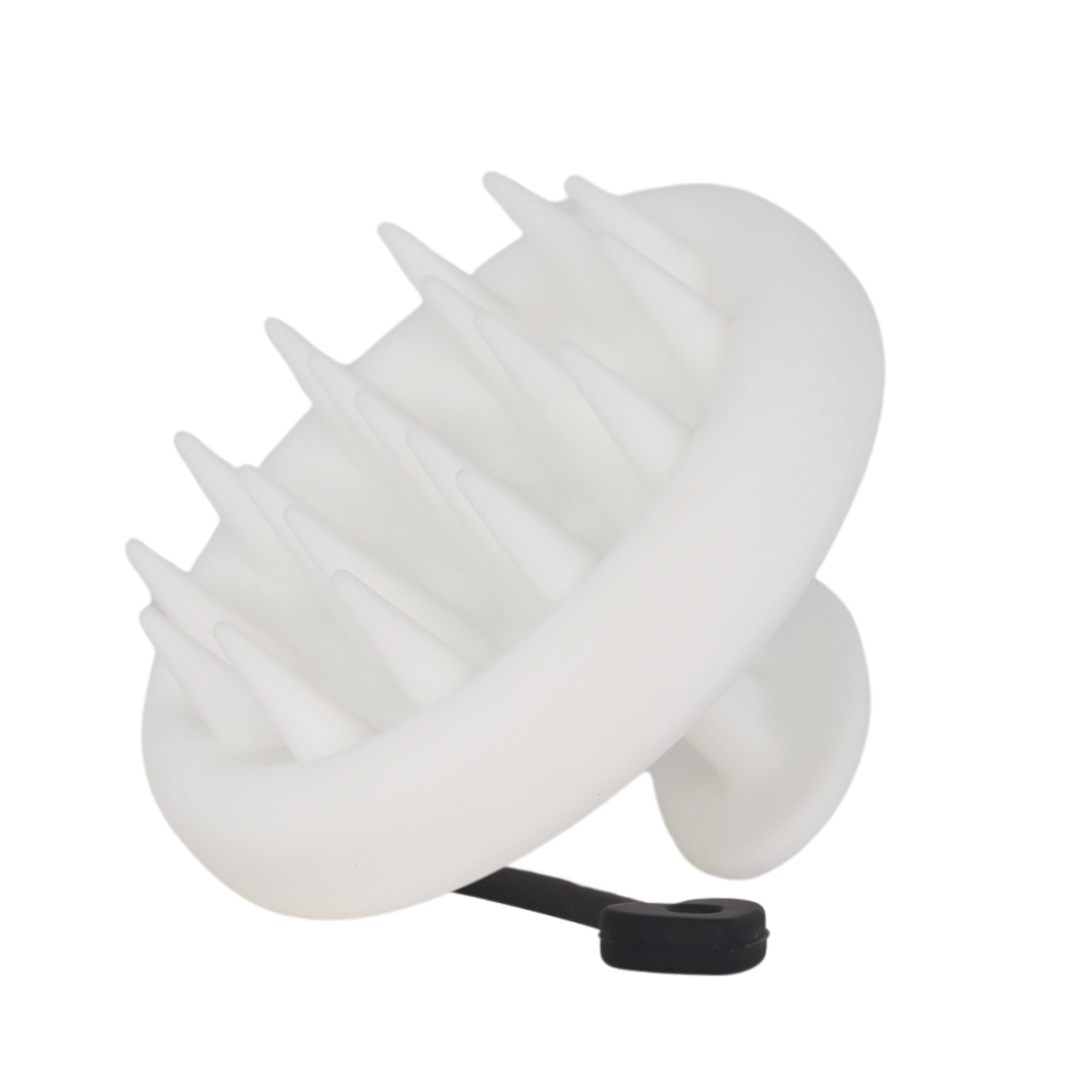 White Raqiia Scalp Massager with Black Raqiia Strap